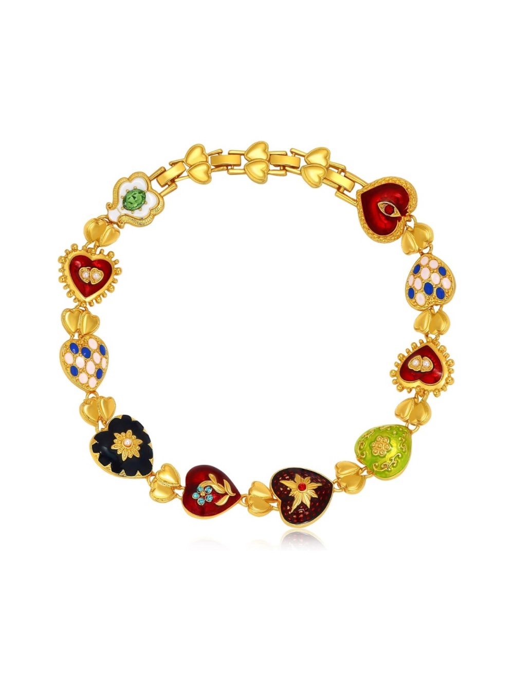 Vintage Heart Charm Necklace Colorful Enamel Gold Tone